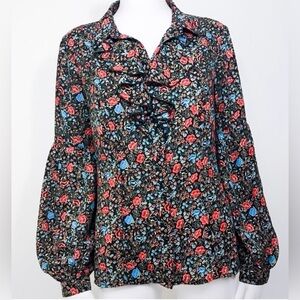 Free People Boho Floral Print Ruffle Neck Bishop Sleeve Blouse, Size Small